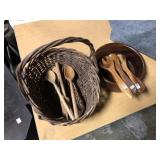 BASKET, WOODEN BOWL AND UTENCILS