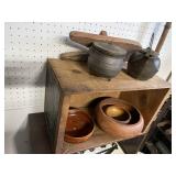 ADVERTISING BOX, IRON POTS AND BOWLS