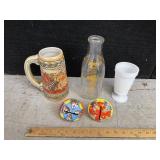 VINTAGE TOYS, STEIN, MILK BOTTLE AND VASE