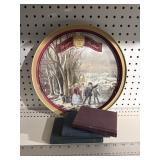 Metal currier and Ives tray and wood books