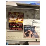 Metal rooster coffee and plastic poop sign