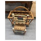 Signed magazine rack and wooden chair