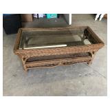 WICKER AND GLASS COFFEE TABLE