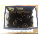 BOX FULL OF AMBER BOTTLES AND FLASKS