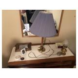 MID CENTURY LAMP, AND CONTENTS ON DRESSER