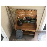 PAINTED BENCH, STONWARE AND PLAQUE