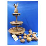 Vintage 3 Tier Hand Carved Monkey Pod Lazy Susan