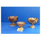 Three German Hand Turned Mixed Wood Pedestal Bowls
