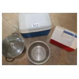 Two Coolers, Metal Pan, Cook Pot with Lid