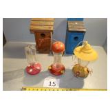 Two Bird Houses, Three Hummingbird Feeders