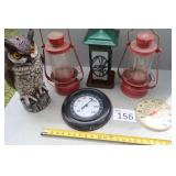 Three Bird Feeders, Plastic Owl, Weather Gauges