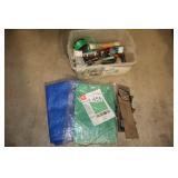 Box of Hardware, 2 Tarps, Mitre Saw, Tools