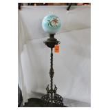 1800s Wrought Iron Floor Oil Lamp and Globe