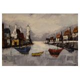 Harbor Scene Oil Painting On Canvas Signed 32x44