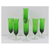 6 Vintage Forest Green Glass Champagne Flutes