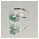 Natural Emerald Ring 0.80ct  Sterling Silver Halo