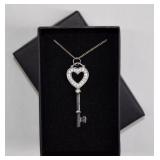 925 Silver CZ Heart Key Pendant Necklace