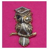 Damascene Owl Brooch Spain Vintage