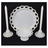 Milk Glass Colonial Tray & Candlewick Candlesticks