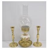 Brass Candlesticks and Floral Hurricane Lamp