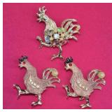 Vintage Rooster Brooch & Pin Trio