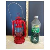 Red Hurricane Lamp With Oil Bottle