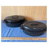 Two Black Enamel Roasting Pans