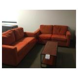 Orange Velvet-Like Love Seat Set with Coffee Table