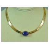 GOLD CHOKER WITH CLIP-ON LAPIS & DIAMOND PENDANT