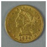 1894 US GOLD CORONET HEAD HALF EAGLE $5 COIN