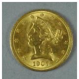 1907 US GOLD CORONET HEAD HALF EAGLE $5 COIN