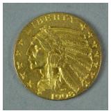 1908 US GOLD INDIAN HEAD HALF EAGLE $5 COIN