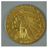 1908 US GOLD INDIAN HEAD HALF EAGLE $5 COIN