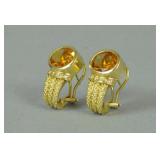 PAIR 14K GOLDEN BERYL & DIAMOND EARRINGS