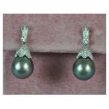 PAIR GRAY PEARL & DIAMOND PENDANT EARRINGS PAIR GRAY PEARL & DIAMOND PENDANT EARRINGS