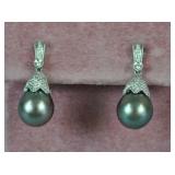 PAIR GRAY PEARL & DIAMOND PENDANT EARRINGS