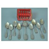 (9) COIN SILVER SPOONS AND A SWEDISH S/P FORK SET (9) COIN SILVER SPOONS AND A SWEDISH S/P FORK SET