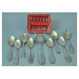 (9) COIN SILVER SPOONS AND A SWEDISH S/P FORK SET