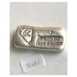 1 oz .999 Silver   Hand Poured Bar, Nevada Stamped