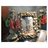 2 Dragon Candle Sticks and Skull Picture Frame