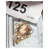 10k Gold Cameo Pendant w/ Pearls 1 7/8" Long