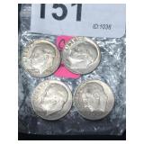 4 Silver Franklin Dimes 1946,1960 D, 1963 D, 1964D