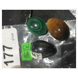 3 Carved Egg Rocks - Hematite, Malachite & Tiger