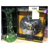 saw blade clock as is & green glass vase