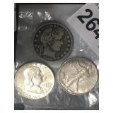 3 Silver 1/2 Dollar Coins,  1945 S, 1960P, 1909 S