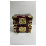 2 Wood & Brass Asian Jewelry Boxes 1 w/ Lock & Key
