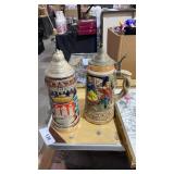 2 Ceramic Steins 1 West German & Holder for
