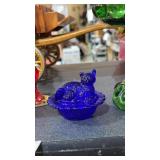 Small Cobalt Blue Cat on Basket Figurine 3" Wide