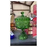 Vintage Green Glass Pedestal Candy Dish w/ Lid