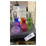 5 Small Glass Vases w/ Etched Designs - Blue, Pink
